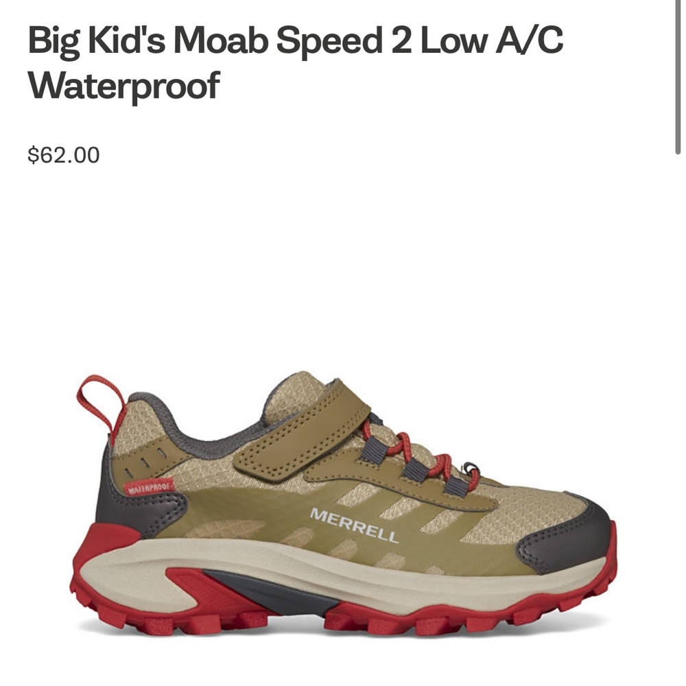 Merrell Big Kids Tan Moab Speed 2 Low A/C Waterproof Hiking Shoe Sneaker Size 1